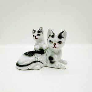 SOLD Vtg Porcelain Tuxedo Cats Mom Baby Kitten Black White Snuggle Cute Playful